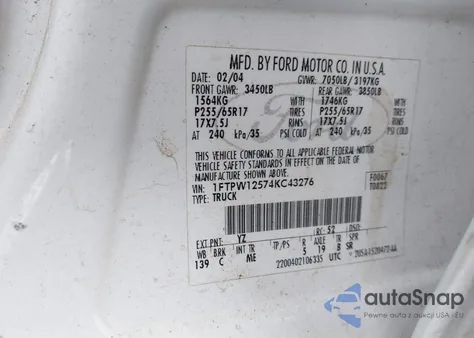 2004 Ford F-150 Lariat/Xlt from USA, damaged, VIN 1FTPW12574KC43276